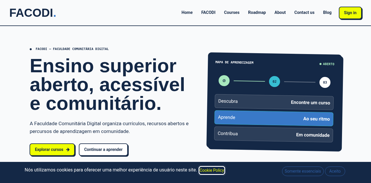 Página inicial do FACODI com cursos publicados organizados como percursos de aprendizagem